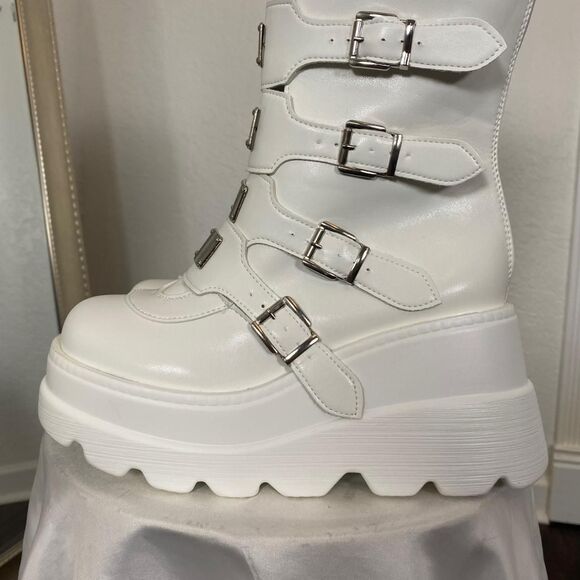 Women's Chunky Silver White Platform Knee High Buckle Boots Size US 10.5 - Picture 4 of 10